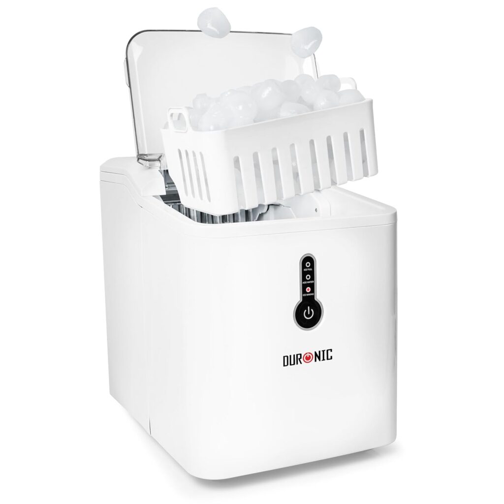 Duronic Ice Maker ICM120, Fast Clear Ice Maker Machine with 7-Min Cycle, Portable Automatic Ice Cube Maker with Ice Scoop Basket for Home, Office, Bar, BBQ Party, RV 12KG in 24H Self-Cleaning, White