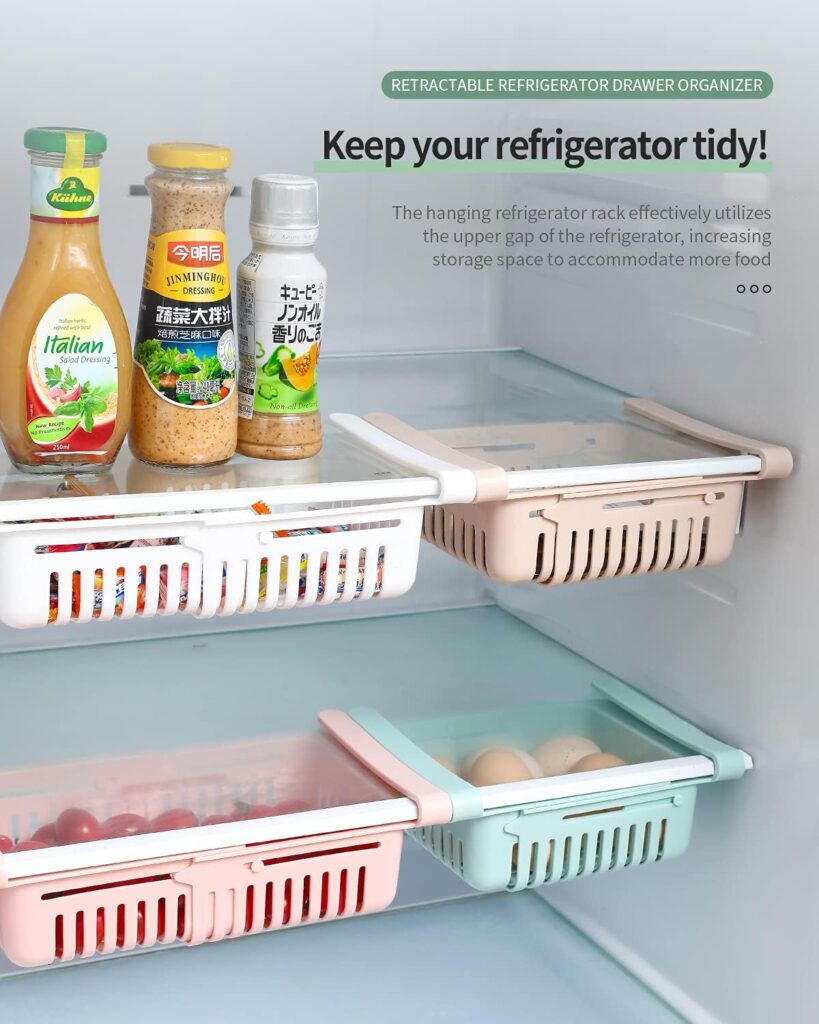 HapiLeap Retractable Drawer Organizer For Fridge, Refrigerator Storage Organizer Keep Tidy Shelf Organiser for Vegetables and Fruits (4 Pcs)