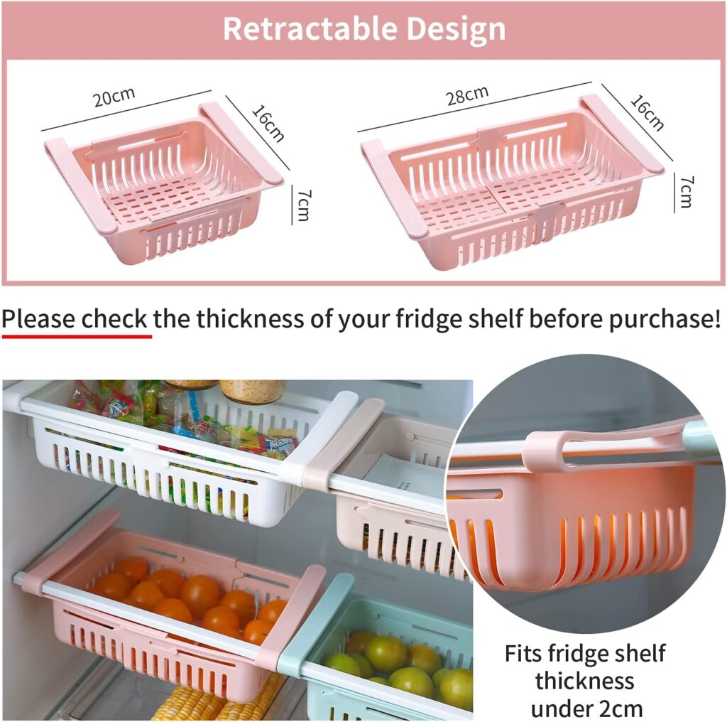 HapiLeap Retractable Drawer Organizer For Fridge, Refrigerator Storage Organizer Keep Tidy Shelf Organiser for Vegetables and Fruits (4 Pcs)
