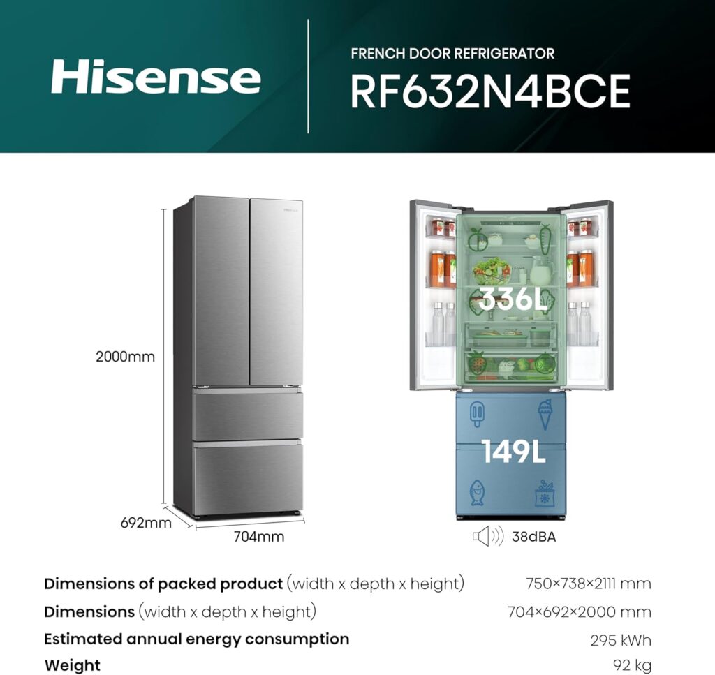 Hisense RF632N4WIE 70cm Freestanding French Door Fridge Freezer Metallic with Water Dispenser  Metal cooling 70 × 200 × 69.4 cm (W×H×D)           [Energy Class E]
