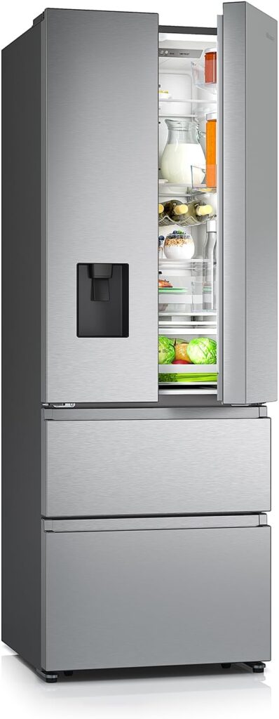 Hisense RF632N4WIE 70cm Freestanding French Door Fridge Freezer Metallic with Water Dispenser  Metal cooling 70 × 200 × 69.4 cm (W×H×D)           [Energy Class E]