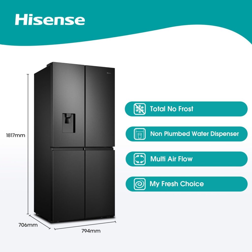 Hisense RQ560N4WCF Freestanding American Fridge Freezer Cross Door, No Frost, 454 liters, Stainless Steel - F Rated, Noise level: 41 decibels           [Energy Class F]