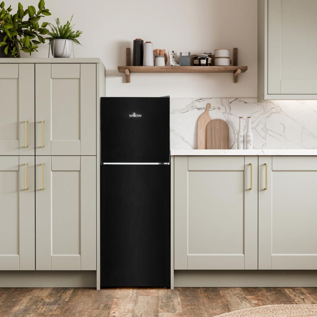 Willow WTM138B 138L Small Fridge Freezer with Adjustable Thermostat, Top Mount Slimline Fridge Freezer, Mark Proof Finish - Black           [Energy Class E]