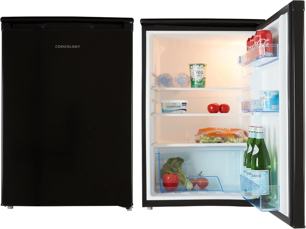 55cm Side-by-Side under counter Fridge  Freezer Matching Pack in Black -,Freestanding - Adjustable Temperature Control  Legs - Reversible Doors - 4 Star Freezer Rating           [Energy Class F]