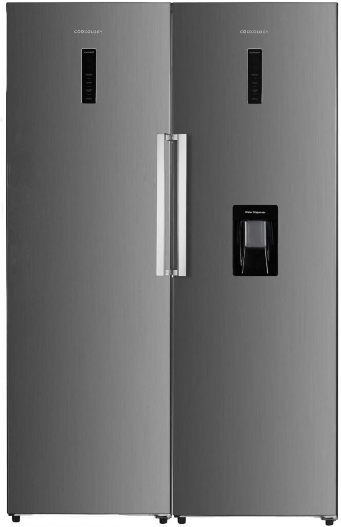 Cookology 630L Tall Fridge and Freezer Pack, Freestanding with Low Noise, Water Dispenser, Frost Free System, Digital LED Touch Display and Reversible Doors - Inox           [Energy Class F]