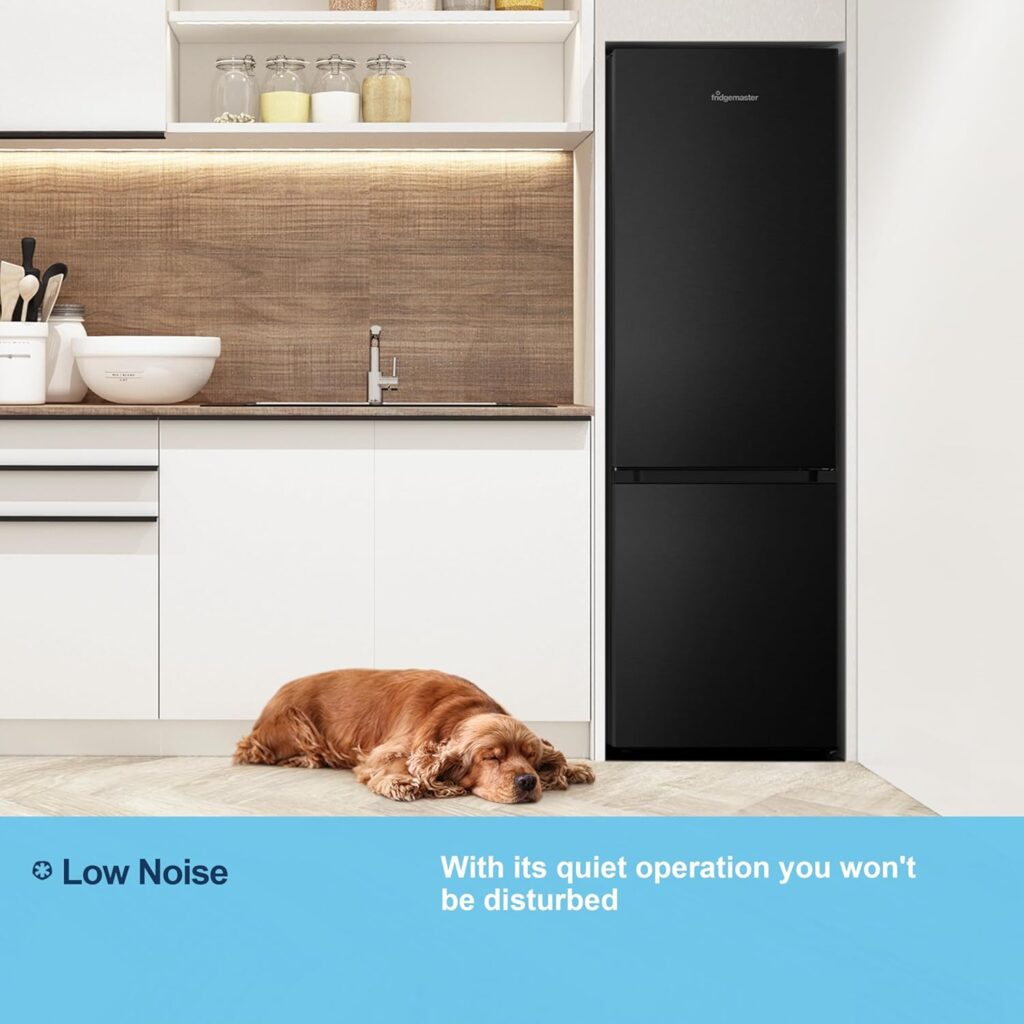 Fridgemaster MC55265EB 55cm Freestanding 269 litre 70/30 Fridge Freezer - LED Lighting- 4 Star Freezer Rating -Black - E Rated, H180 x W55 x D55.8 (cm)           [Energy Class E]
