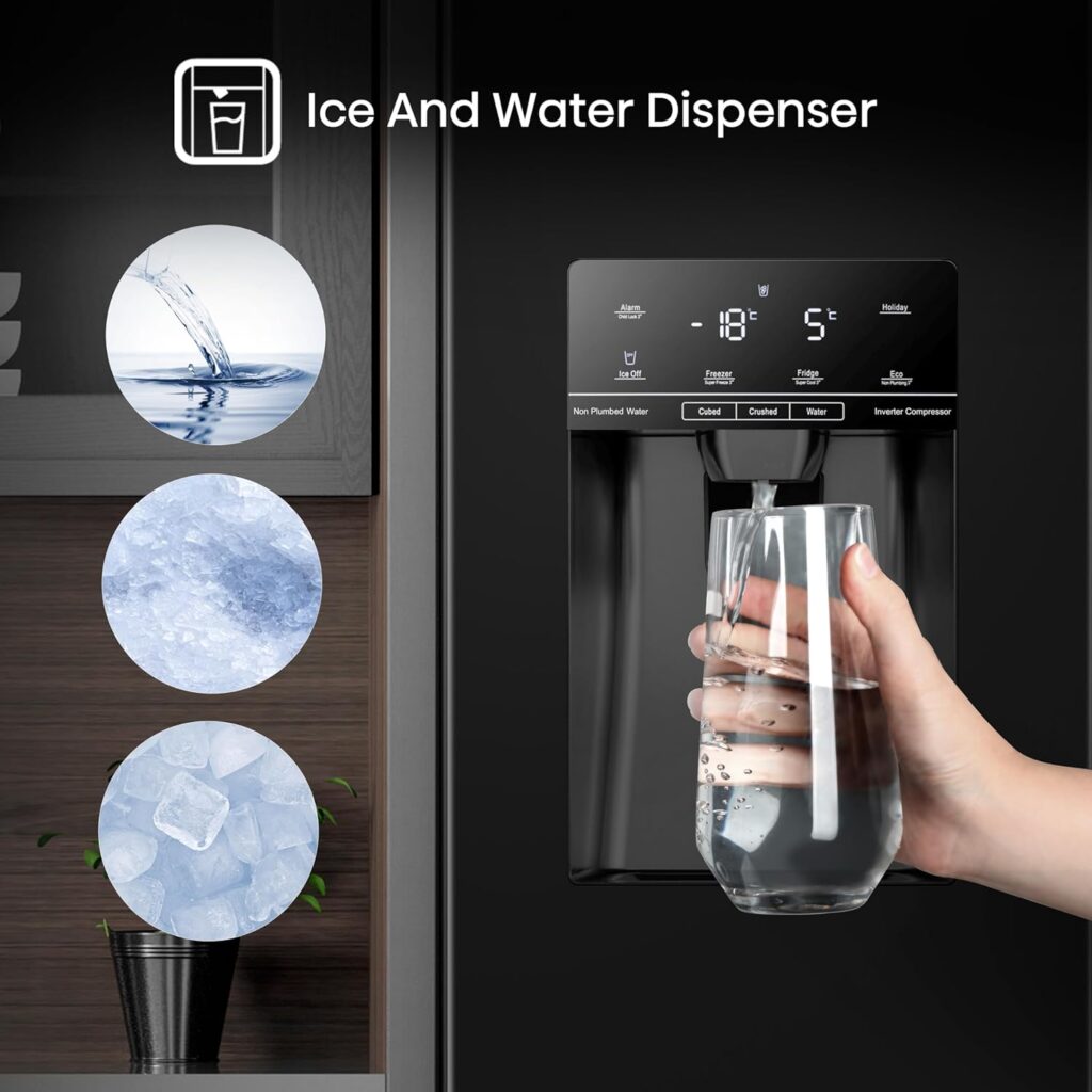Hisense RS694N4TBE Freestanding American Side - by - side Door American Fridge Freezer 562L, Black, with Non-Plumbed Water and Ice Dispenser, Black, 91 × 178.65 × 68.9 cm (W×H×D)           [Energy Class E]