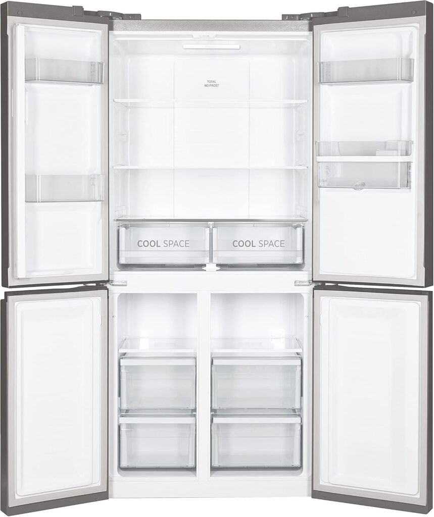 Hoover H-FRIDGE 700 MAXI Freestanding American Fridge Freezer, 4 Doors, Total No Frost Technology, E Class, 467L Total Capacity, Smart Inverter Compressor, Gentle Silver, 83x65x182 cm - HHCR3818ENPL           [Energy Class E]