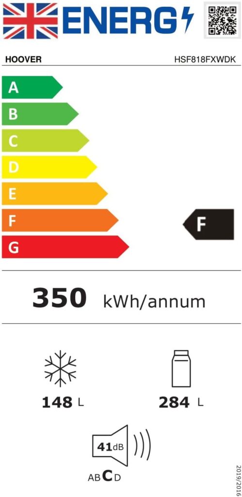Hoover H-FRIDGE 700 MAXI Freestanding American Fridge Freezer, 4 Doors, Total No Frost Technology, E Class, 467L Total Capacity, Smart Inverter Compressor, Gentle Silver, 83x65x182 cm - HHCR3818ENPL           [Energy Class E]