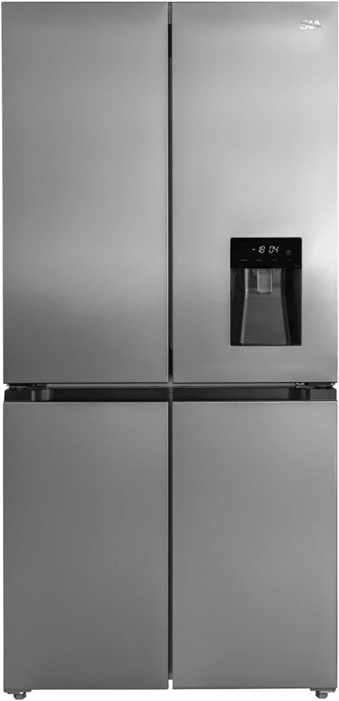 SIA SXD505IXE Freestanding 4 Door American Fridge Freezer 490L, Total No Frost, Water Dispenser, Inverter Compressor, E Rated, 2 Years Parts  Labour Guarantee