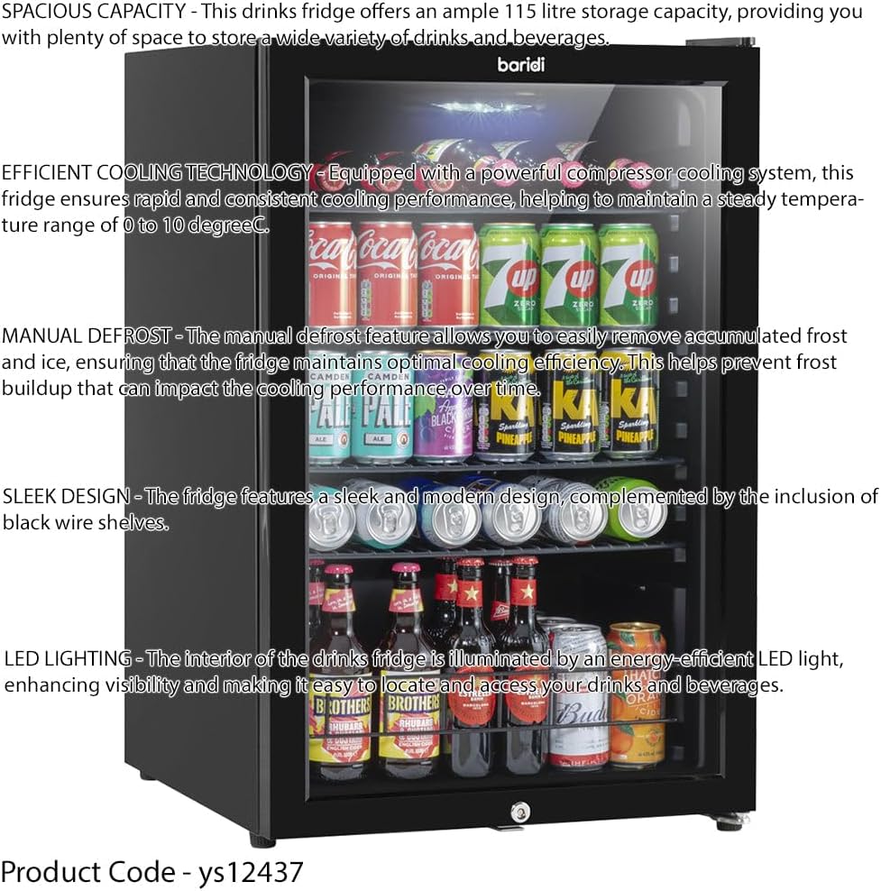 115L Under Counter Wine Beer Drinks Fridge Cooler Glass Front LED Backlit Black