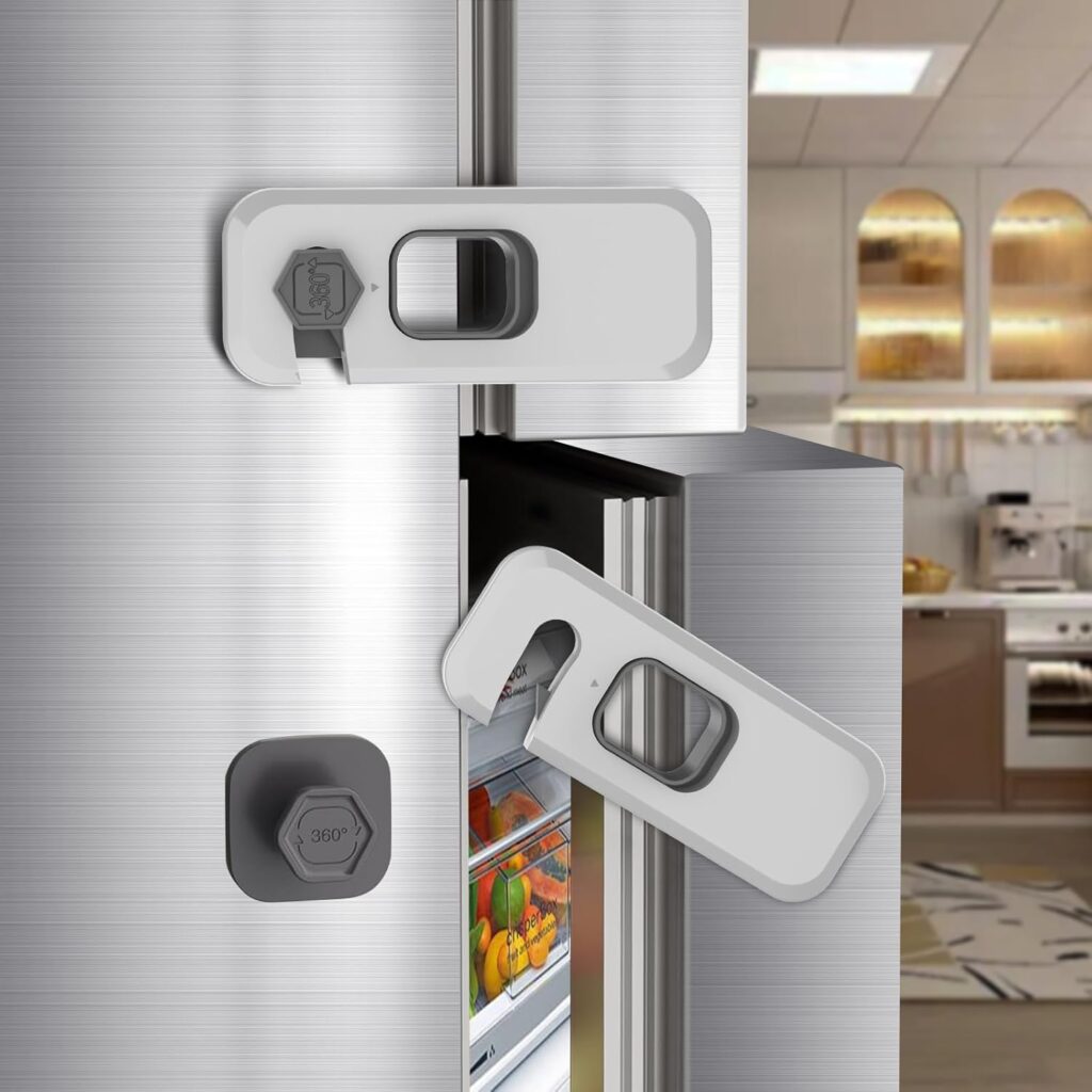 2 Pack Fridge Locks with Self Adhesive, Refrigerator Latch for Kids, Toddlers and Children, Child  Baby Proofing Freezer Door Lock for, Cabinets and Drawers, Oven, Windows (Grey-2 Pack)