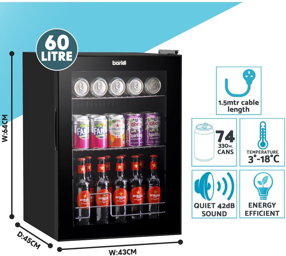 60L Under Counter Wine Beer Drinks Fridge Cooler - Black  Glass 74x 330ml Cans