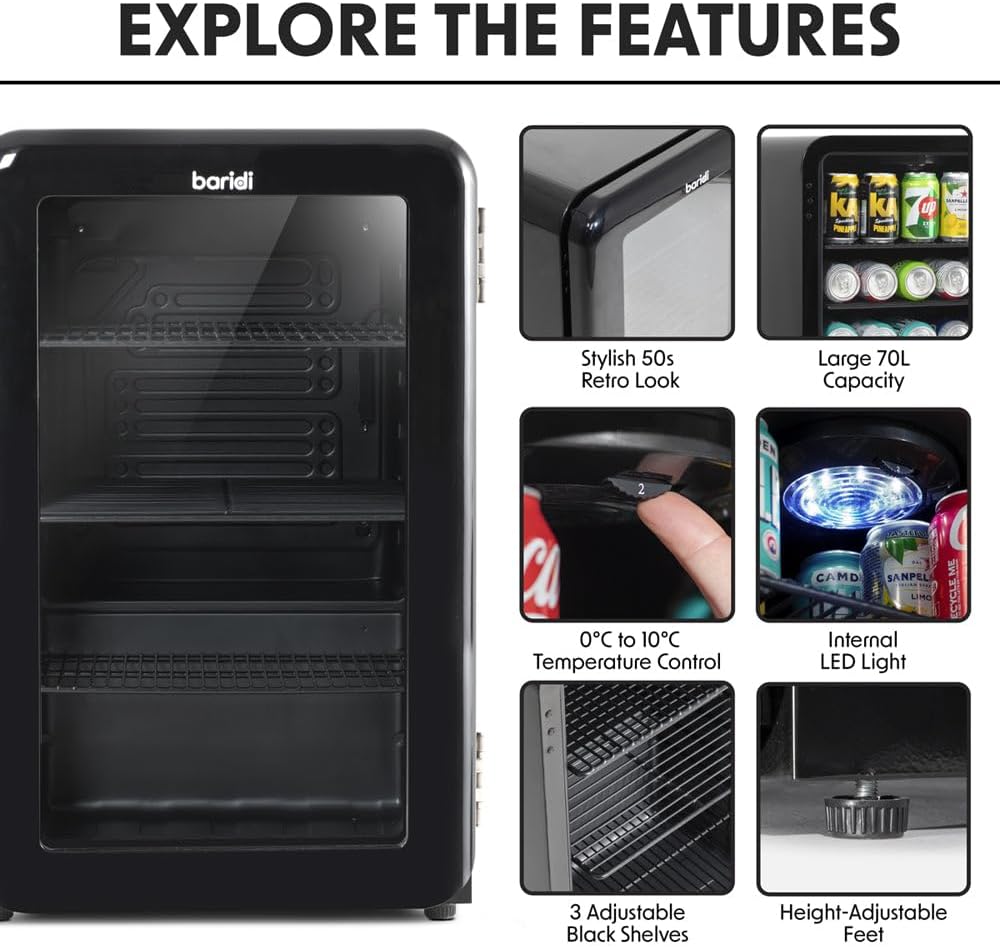 70L Under Counter Wine Beer Drinks Fridge Cooler - Glass Front Retro Style Black