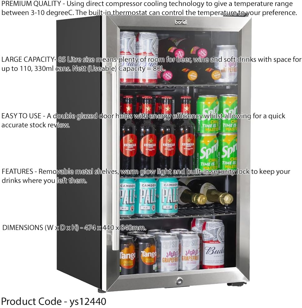 85L Under Counter Wine Beer Drinks Fridge Cooler - Glass Front Stainless Steel