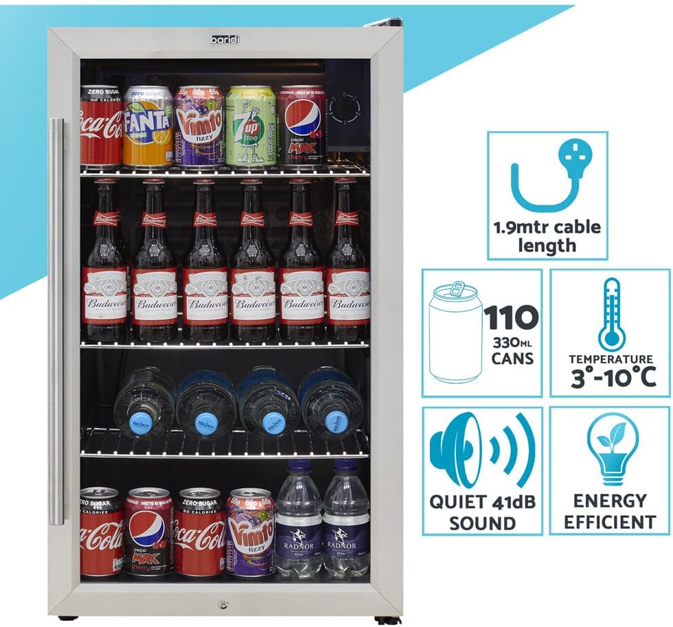 85L Under Counter Wine Beer Drinks Fridge Cooler - Glass Front Stainless Steel