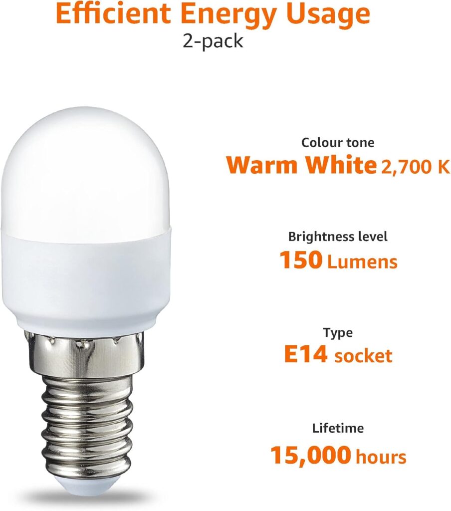 Amazon Basics E14 LED lamp T25, Refrigerator lamp, 1.7 W (Replaces 15 W), Warm White, Non Dimmable - Pack of 2           [Energy Class F]