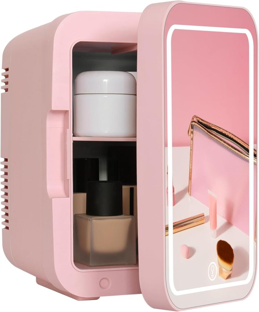 ARTETHYS Mini Fridge for Bedrooms 4L Skincare Beauty Fridge with LED Mirror Compact Car Fridge for Home Office Cosmetic, 220V AC/12V DC, Pink           [Energy Class F]
