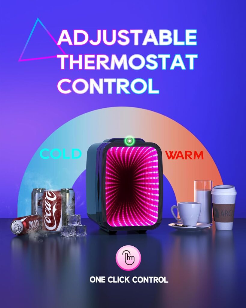 BEICHEN Mini Fridge, 4 Liter/6 Can Small Fridge with Dimmable LED Light, AC/DC Portable Thermoelectric Cooler and Heater Mini Gaming Fridge for Bedroom, Office, Living Room