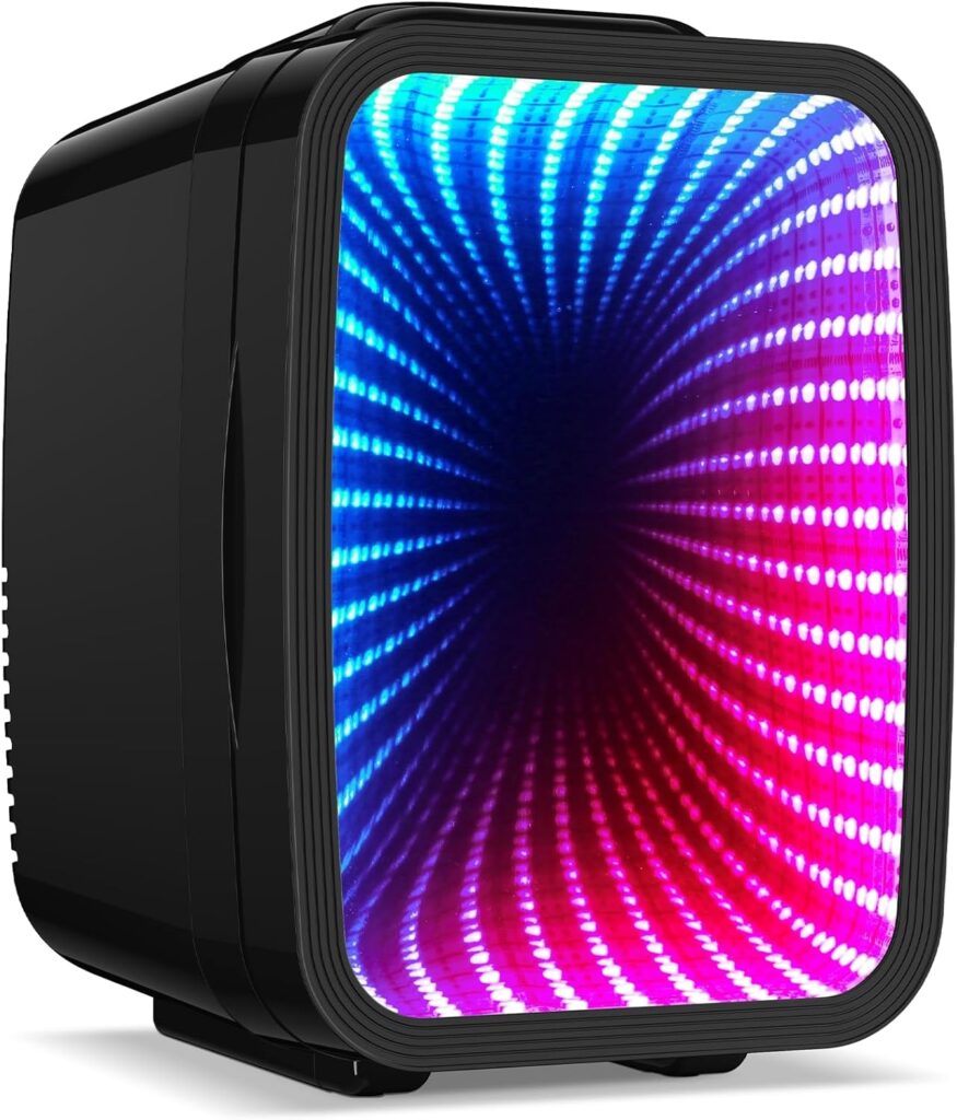 BEICHEN Mini Fridge, 4 Liter/6 Can Small Fridge with Dimmable LED Light, AC/DC Portable Thermoelectric Cooler and Heater Mini Gaming Fridge for Bedroom, Office, Living Room