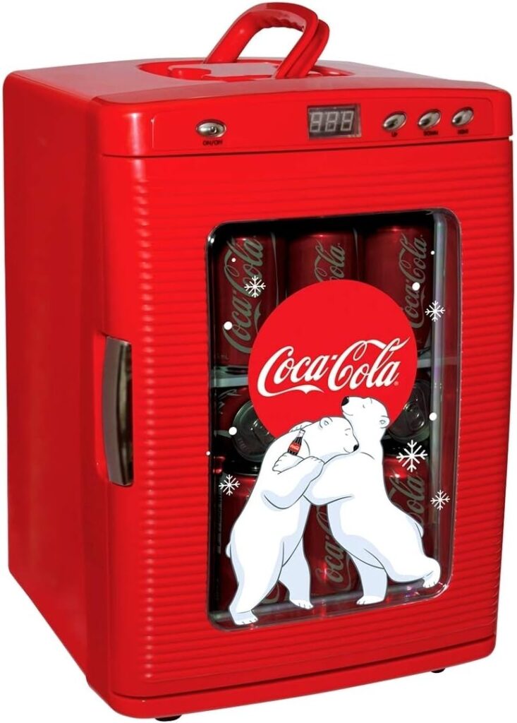 Coca Cola Mini Fridge For Bedrooms 25L Cool Box 28 Can Table Top Fridge 12V Portable Cooler Warmer Coke Bar Mini Fridges Display Window LED Light Ideal Home Office Drinks RV Camping Car Travel Red           [Energy Class A]