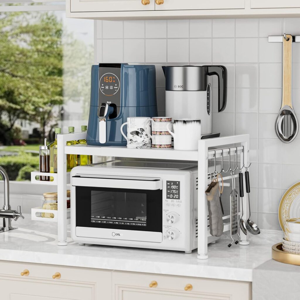 EKNITEY Microwave Shelf Stand - Expandable Countertop Microwave Stand - 2 Tier Pan Rack Microwave Oven Rack with Spice Organizer and 6 Hooks for Kitchen Counter