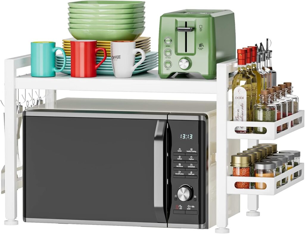 EKNITEY Microwave Shelf Stand - Expandable Countertop Microwave Stand - 2 Tier Pan Rack Microwave Oven Rack with Spice Organizer and 6 Hooks for Kitchen Counter