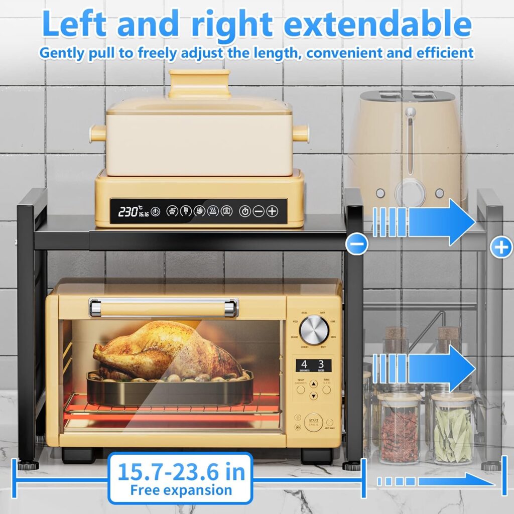 EKNITEY Microwave Shelf Stand - Expandable Countertop Microwave Stand - 2 Tier Pan Rack Microwave Oven Rack with Spice Organizer and 6 Hooks for Kitchen Counter