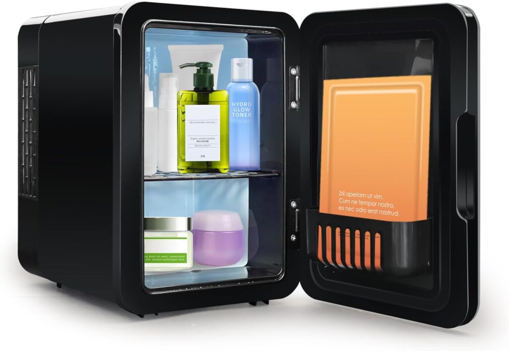 Enventor Mini Fridge 4 Litre, 6 Can Mini Fridges for Bedrooms, AC+12V DC Power Cooler  Warmer, Portable Small Fridge for Car, Travel, Home/Skincare, Makeup, Cosmetics/Drinks, Fruit, Food, Black