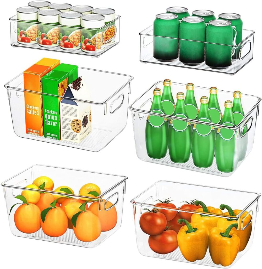 Finew Fridge Storage Organisers - 6 Pack (4 Large  2 Small) Clear Refrigerator Storage Boxes with Handle, Stackable Fridge Organizers for Cupboard, Kitchen, Pantry - BPA Free Containers