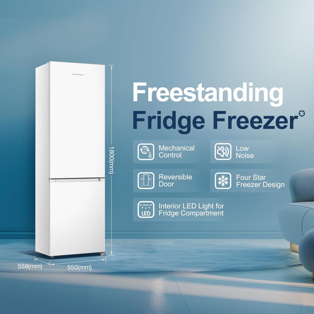 Fridgemaster MC55265E 55cm Freestanding 269 litre 70/30 Fridge Freezer - LED Lighting- 4 Star Freezer Rating -White - E Rated, H180 x W55 x D55.8 (cm)