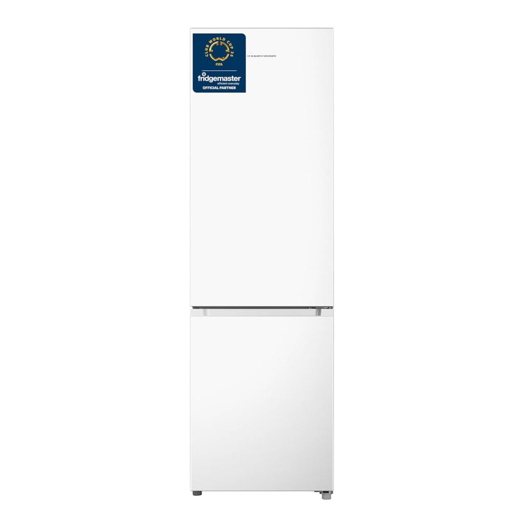 Fridgemaster MC55265E 55cm Freestanding 269 litre 70/30 Fridge Freezer - LED Lighting- 4 Star Freezer Rating -White - E Rated, H180 x W55 x D55.8 (cm)