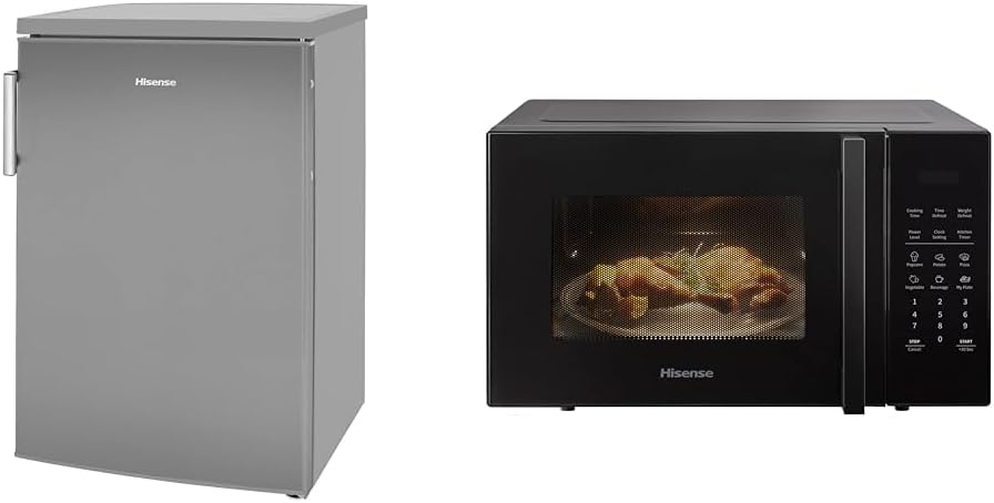 Hisense RL170D4BCE 133L Under Counter Larder Fridge with LED Lighting 56 × 84.5 × 57.5 cm (W×H×D), Stainless steel, Grey  900 Watt Microwave oven H25MOBS7HUK - Black, 25 Litre