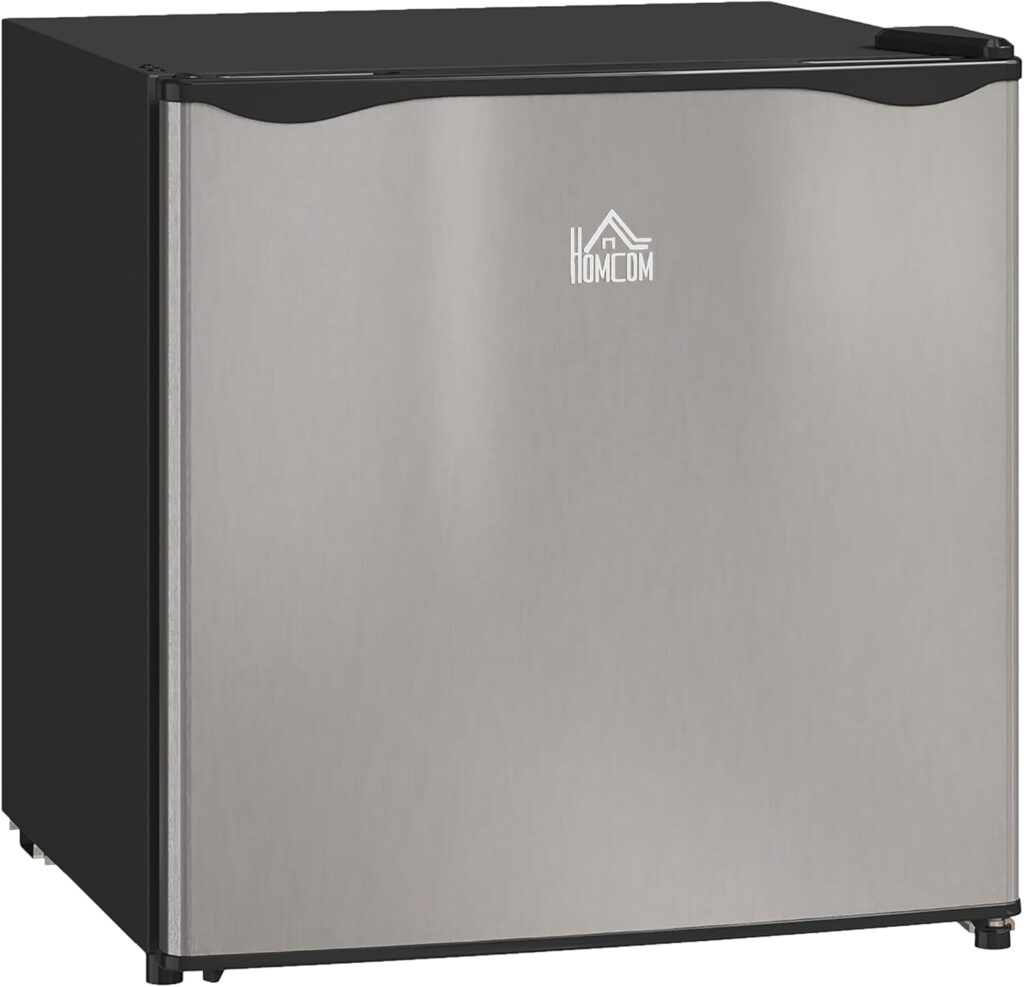 HOMCOM 46 Litre Table Top Mini Fridge, Small Fridge with Ice Box, Reversible Door, Adjustable Temperature and Legs for Bedrooms, Home Office, Black           [Energy Class E]