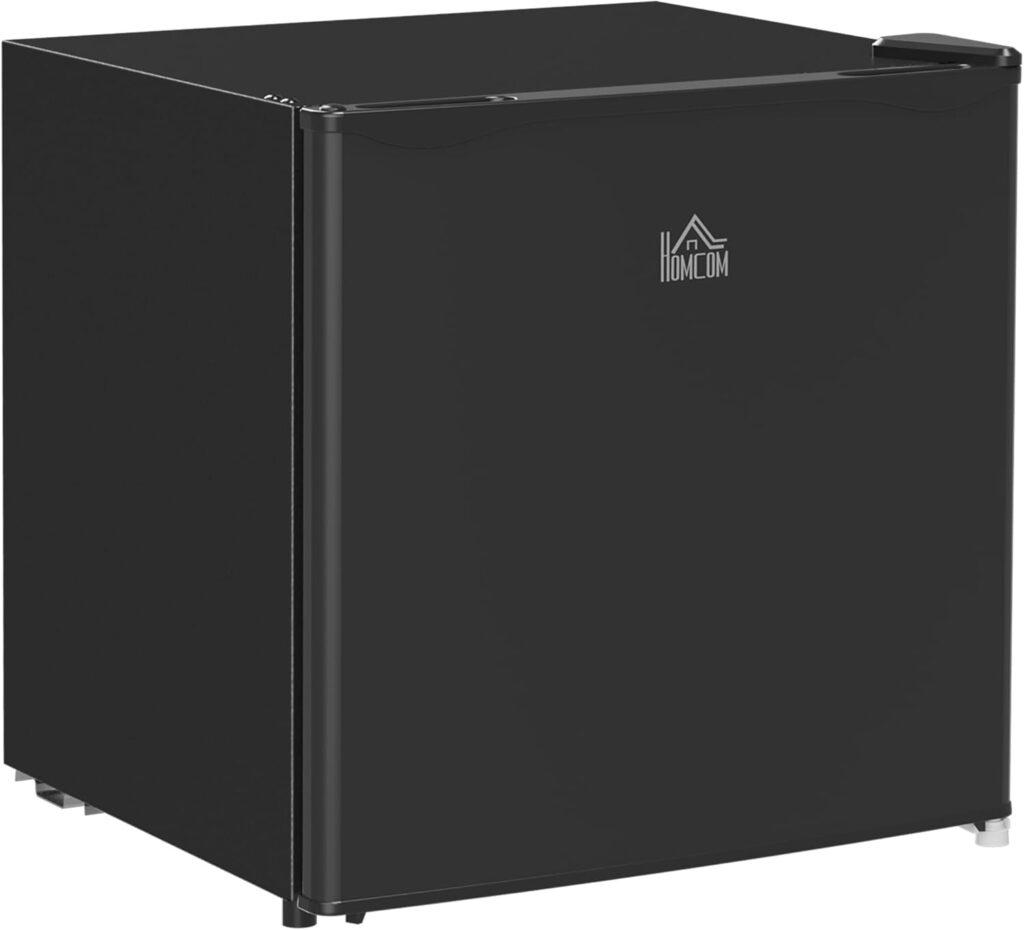HOMCOM 46 Litre Table Top Mini Fridge, Small Fridge with Ice Box, Reversible Door, Adjustable Temperature and Legs for Bedrooms, Home Office, Black           [Energy Class E]