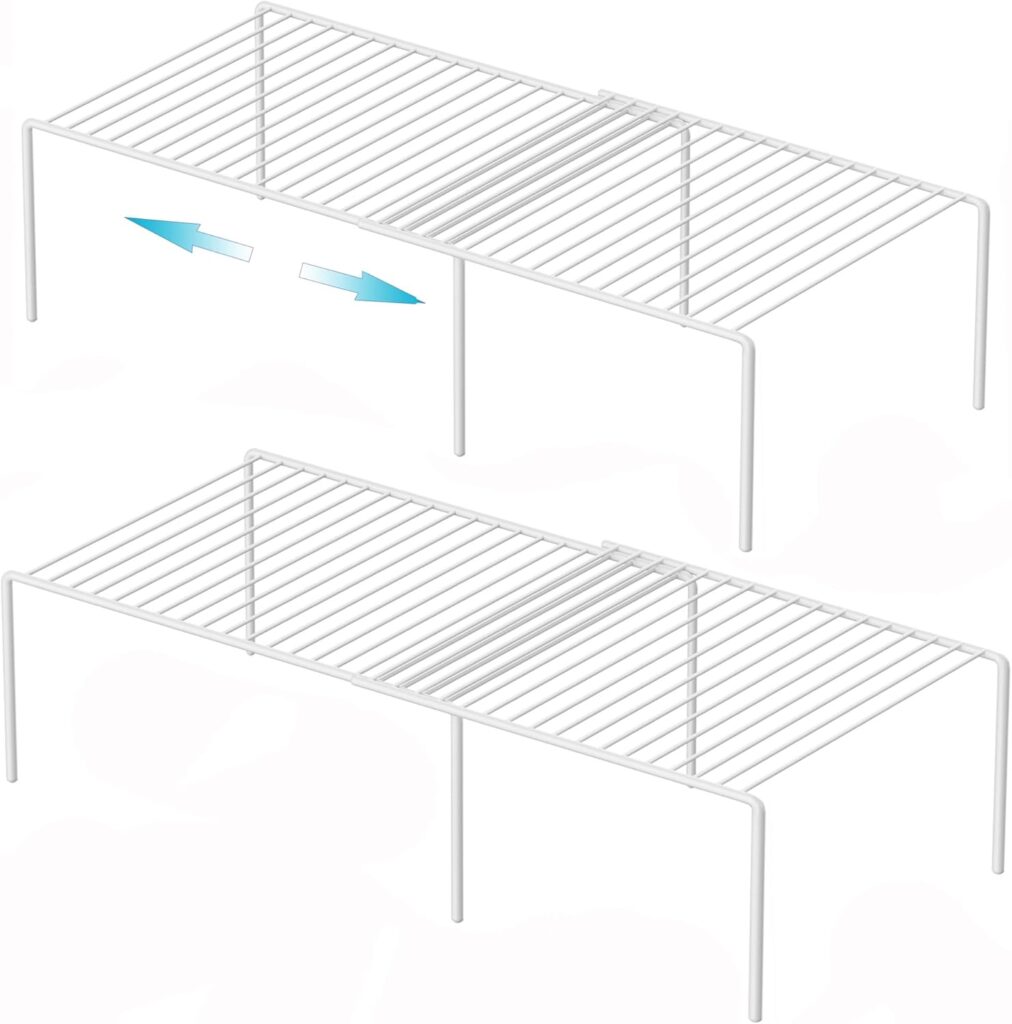 iPEGTOP Freezer Cabinet Storage Shelf, Expandable Metal Rustproof Spice Rack, Adjustable Kitchen Organizer Counter Fridge Pantry Shelf Space Saver, White, Set of 2