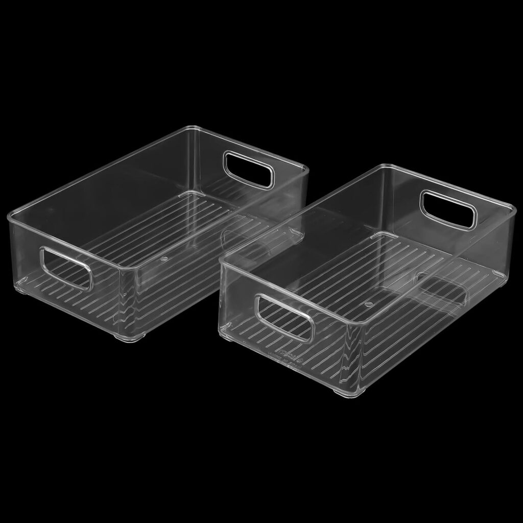 JAPCHET 3 Pack 25.5 x 15 x 7.6cm Fridge Storage Organiser Trays, Stackable Kitchen Cupboard Storage Trays, Clear Plastic Refrigerator Bins with Handles for Kitchen, Cupboard, Freezer, Pantry
