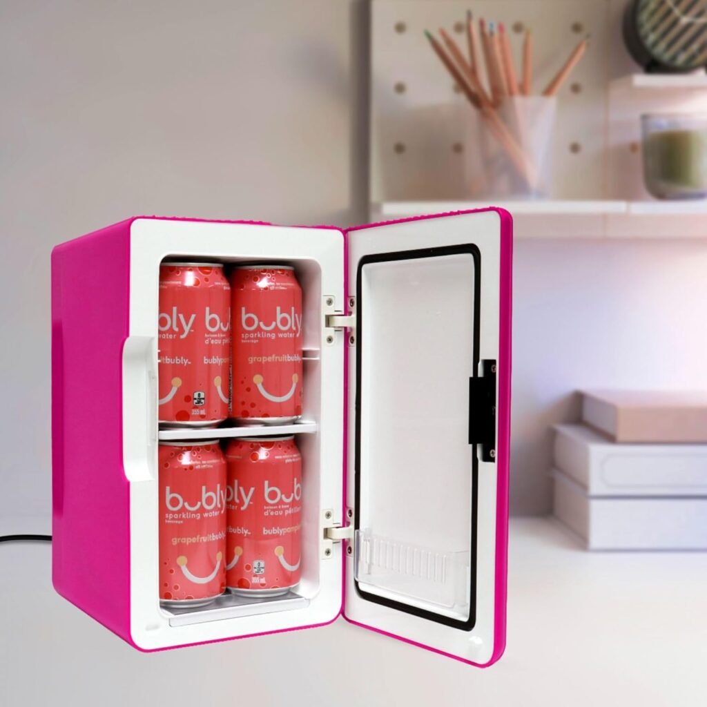 Koolatron Retro Mini Fridge For Bedrooms 6L Small 8 Can Table Top 12V Portable Cooler Warmer Refrigerator Quiet Mini Fridges For Skincare Food Drinks Kids Home Car  Travel Pink