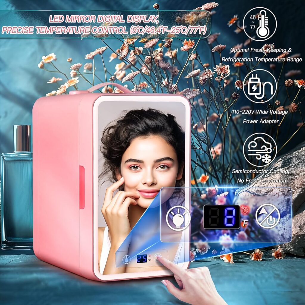 LukyFlux 6L Skincare Fridge with Temperature Control, Portable Mini Fridge Cooler  3 Color Stepless Dimmable LED Mirror Digital Display, Low Noise Small Refrigerator for Bedroom Cosmetics