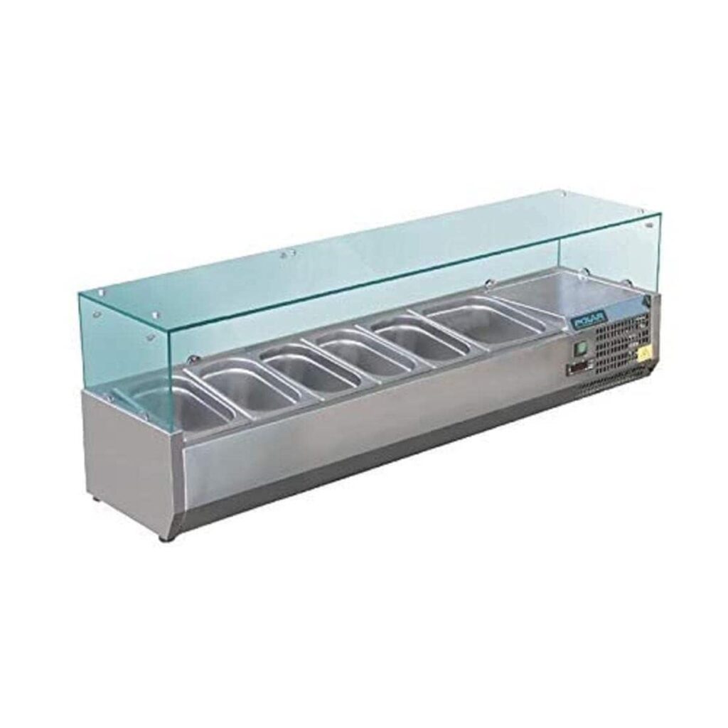 Polar Refrigeration G-Series 150W Countertop Food Prep Fridge with Glass Surround, Stainless Steel, 2°C to 8°C, 435(H)x1200(W)x395(D)mm, Capacity: 3x 1/3  1x 1/2 GN Pans (Sold Separately) | GD875