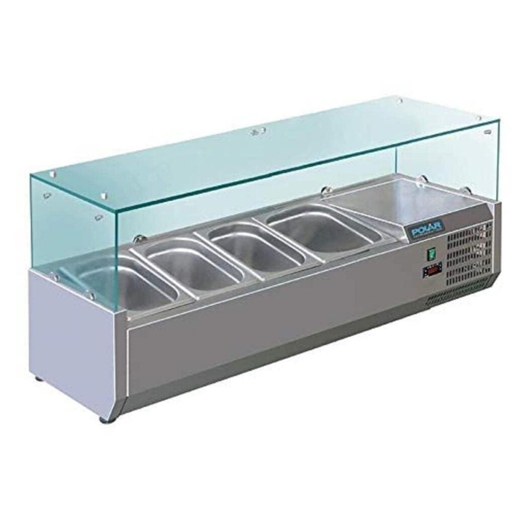 Polar Refrigeration G-Series 150W Countertop Food Prep Fridge with Glass Surround, Stainless Steel, 2°C to 8°C, 435(H)x1200(W)x395(D)mm, Capacity: 3x 1/3  1x 1/2 GN Pans (Sold Separately) | GD875