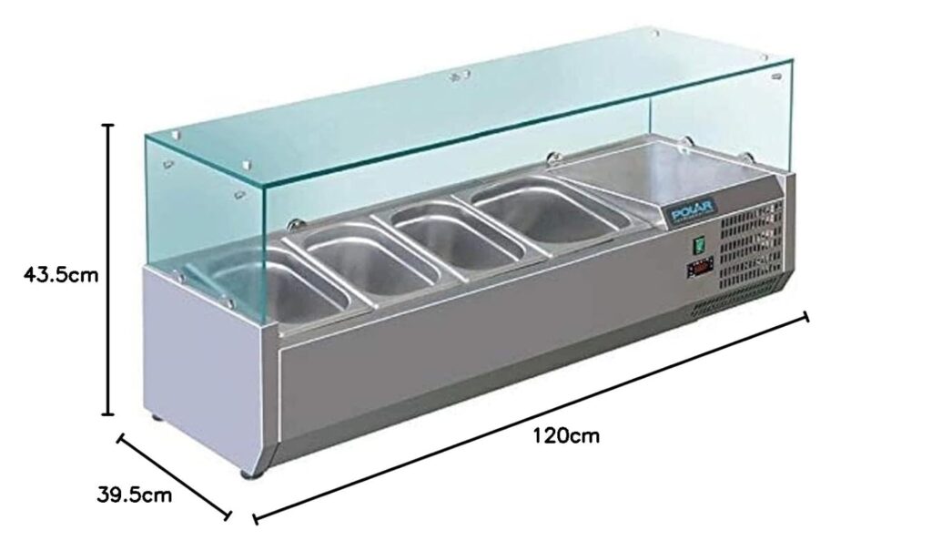 Polar Refrigeration G-Series 150W Countertop Food Prep Fridge with Glass Surround, Stainless Steel, 2°C to 8°C, 435(H)x1200(W)x395(D)mm, Capacity: 3x 1/3  1x 1/2 GN Pans (Sold Separately) | GD875