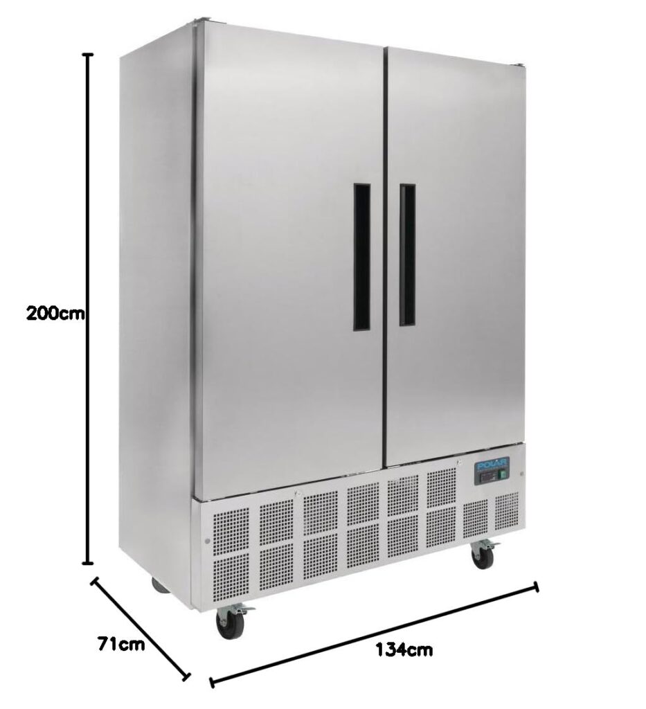 Polar Refrigeration G-Series 600 W Double Door Slimline Fridge 960 Litre,Stainless Steel,Size: 2000(H)x1340(W)x710(D)mm,Temp: -2 degree to 5 degree celsius,Auto Defrost,6 Shelves,Energy Rating C,GD879