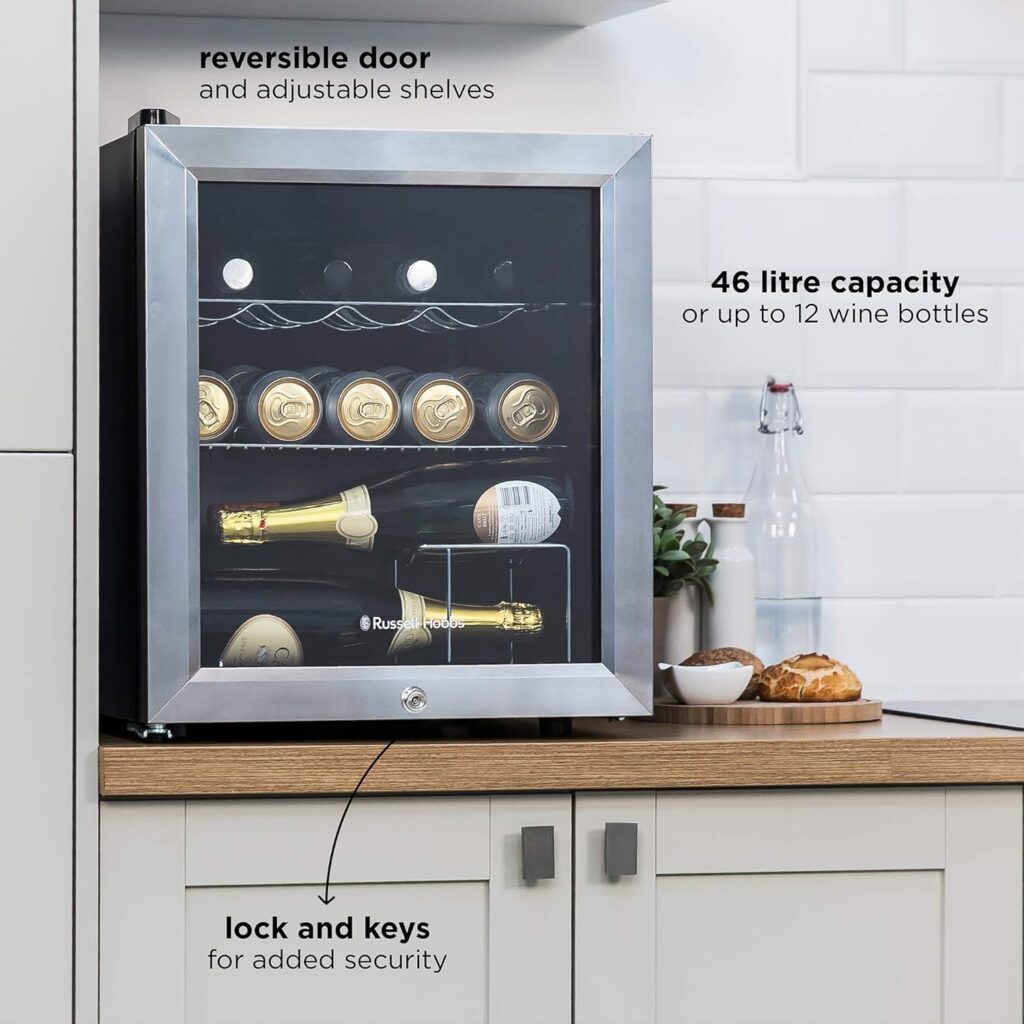 Russell Hobbs Mini Fridge 12 Bottle/46L Lockable Freestanding Stainless Steel Table Top Mini Beer  Wine Fridge, Lock and Key with Glass Door RHGWC3SS-LCK
