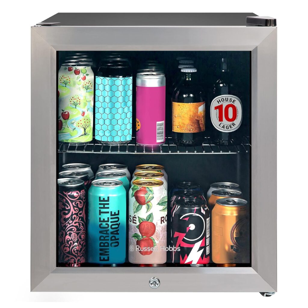 Russell Hobbs Mini Fridge 12 Bottle/46L Lockable Freestanding Stainless Steel Table Top Mini Beer  Wine Fridge, Lock and Key with Glass Door RHGWC3SS-LCK