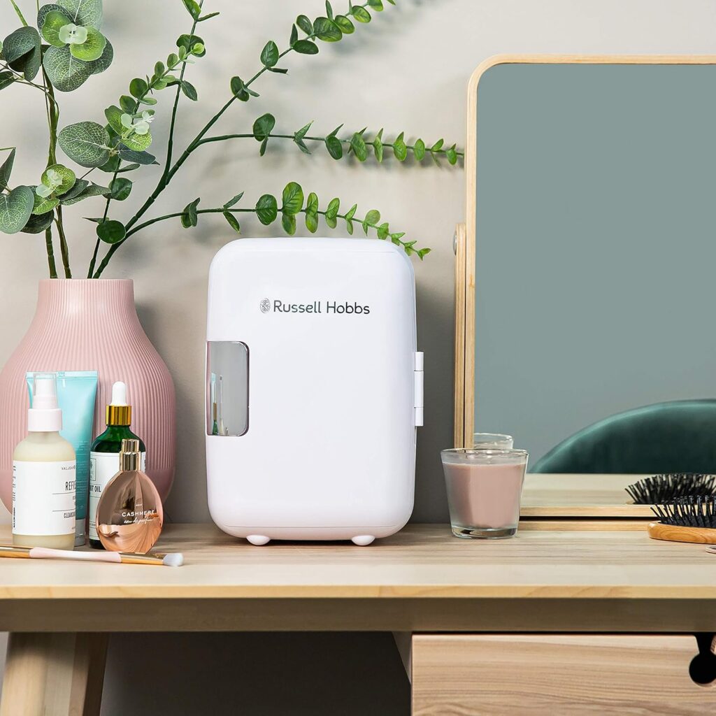 Russell Hobbs RH4CLR1001 4L/6 Can Portable Mini Cooler  Warmer for Drinks, Cosmetics/Makeup/Skincare, AC/DC Power, Retro Style, White, For Bedroom, Home, Caravan, Car