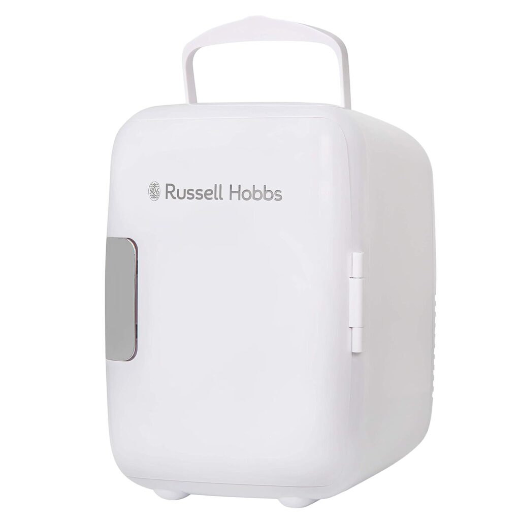 Russell Hobbs RH4CLR1001 4L/6 Can Portable Mini Cooler  Warmer for Drinks, Cosmetics/Makeup/Skincare, AC/DC Power, Retro Style, White, For Bedroom, Home, Caravan, Car