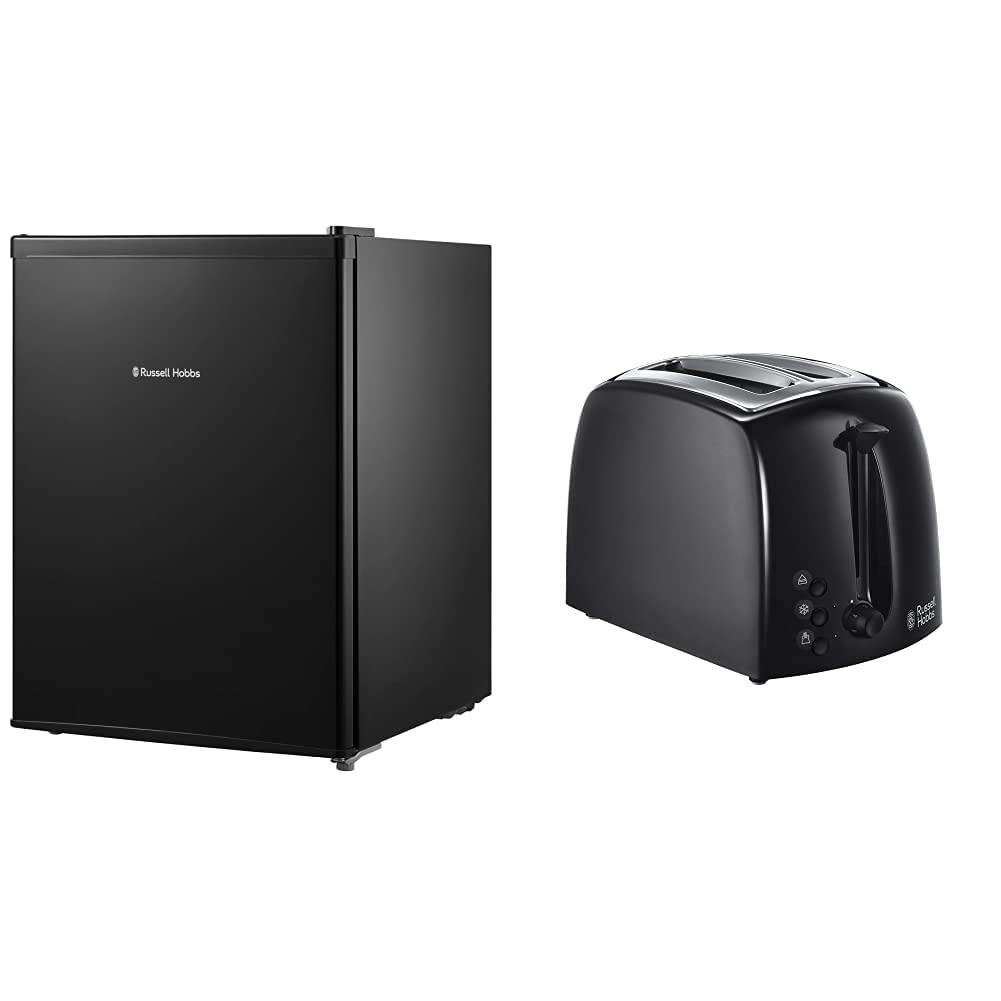 Russell Hobbs RHTTF67B 66 Litre Reversible Doors Table Top Mini Fridge, Black  21641 Textures 2-Slice Toaster, 700-850 W, Black