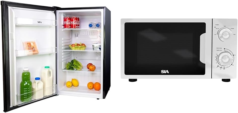SIA LFS01BL-AMZ1 48cm Black Freestanding 91L Under Counter Larder Fridge  Microwave In White, Freestanding, Analogue Dials, 700W FAM21WH