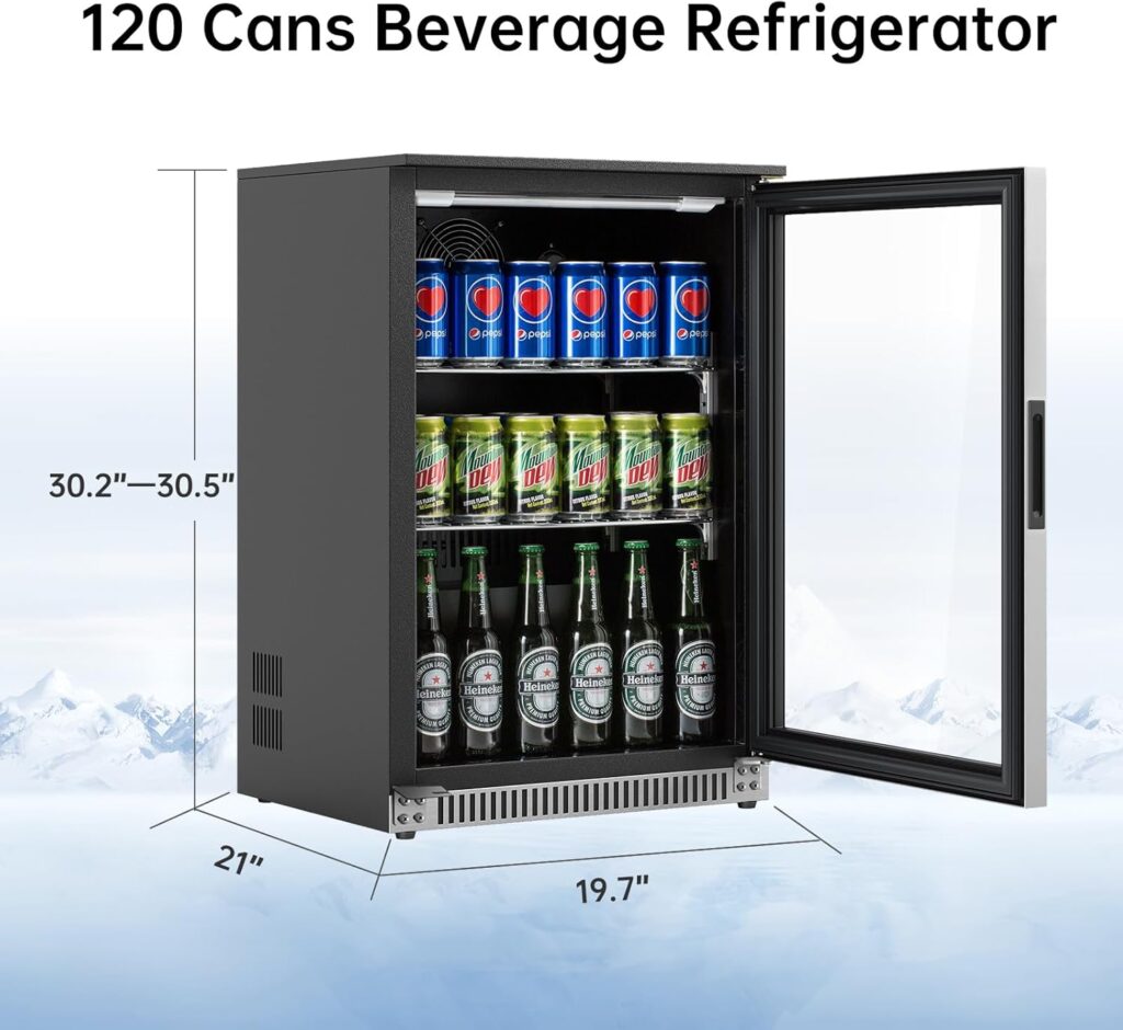 Weili 120 Can Mini Fridge with Glass Door, 20 Inch Beverage Fridge with Lock  Blue LED Light, Auto Defrost, 36-50°F Freestanding or Under Counter Refrigerator and Cooler for Home, Office           [Energy Class F]